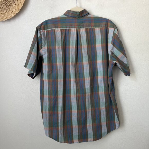 VTG Cacharel mens plaid short sleeve button shirt hipster thin blue L 60s 70s - Picture 4 of 5